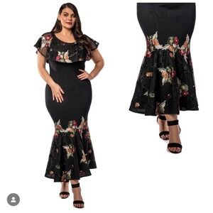 Elana Formal Dress Large D2753 Floral Embroidered Mermaid Evening Gown Black Tie